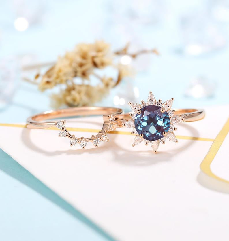 Floral Alexandrite Engagement Ring Rose Gold Vintage Bridal Set