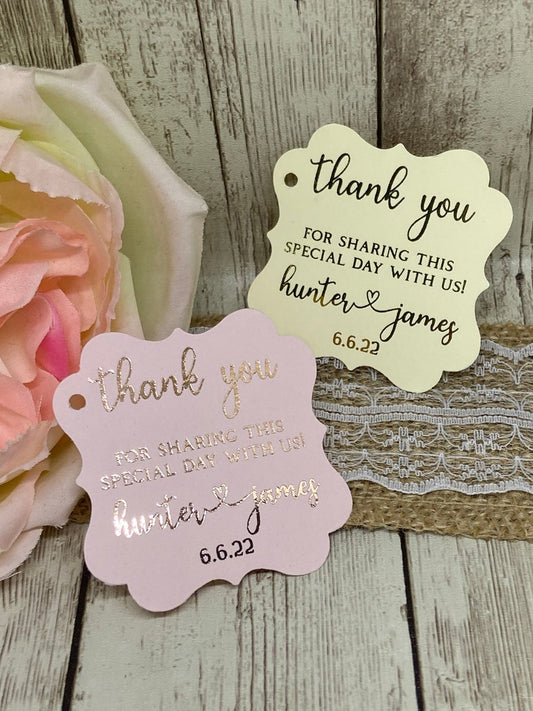 Gold Foil Wedding Favor Tags: Personalized Thank You Celebrate with Us, 2" Size