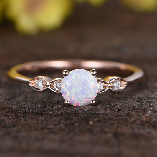 0.5 Carat Round White Opal Engagement Ring Diamond Accent Claissic