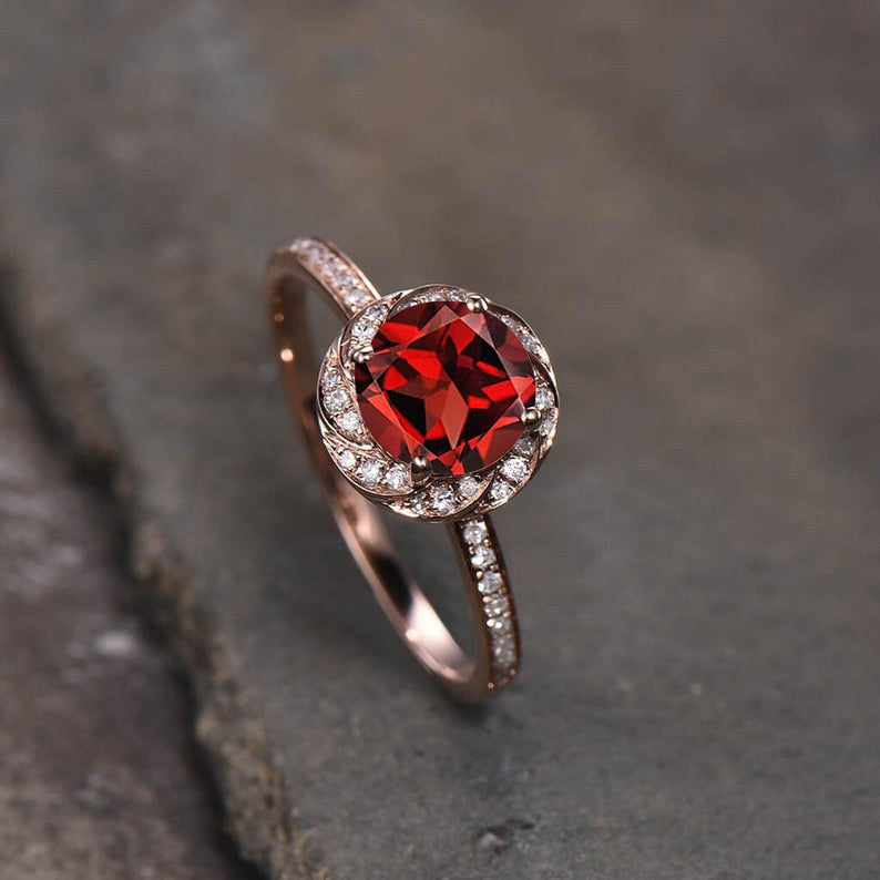 Lab Ruby Bridal Ring Diamond Rose Gold Wedding Ring Halo