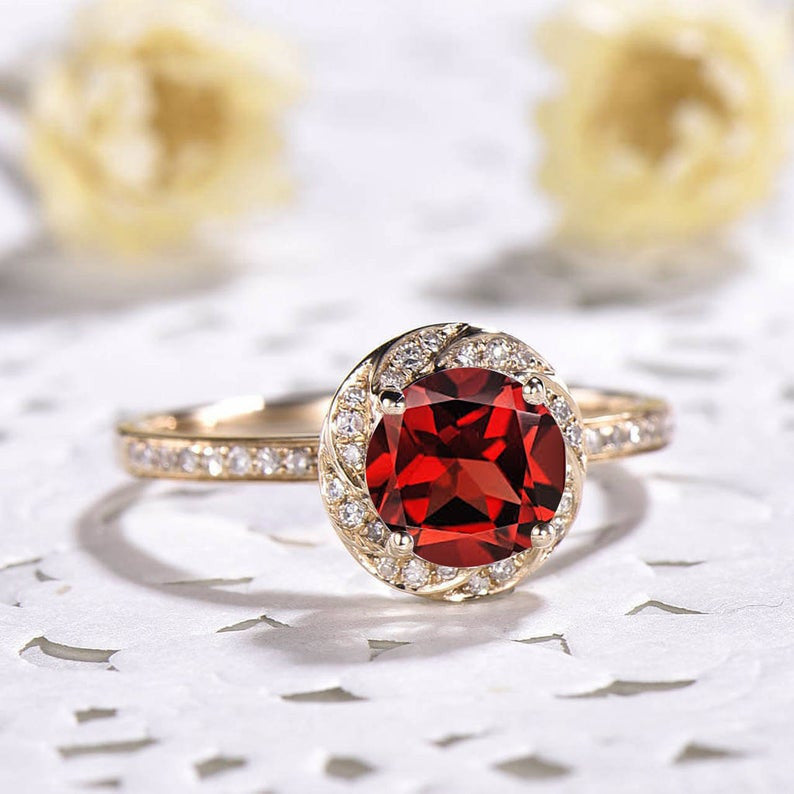 Lab Ruby Bridal Ring Diamond Rose Gold Wedding Ring Halo