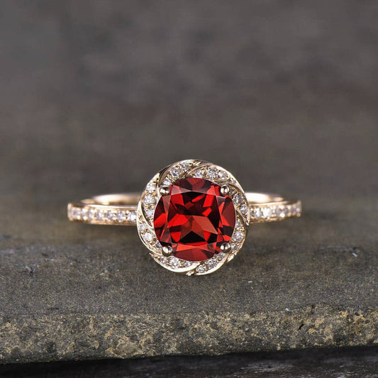 Lab Ruby Bridal Ring Diamond Rose Gold Wedding Ring Halo