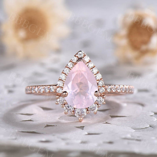 1.25 Carat Unique Natural Rose Quartz Engagement Ring Pear Cut Diamond Band