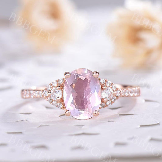 1.5 Carat Vintage Rose Quartz Engagement Ring Diamond Wedding Band