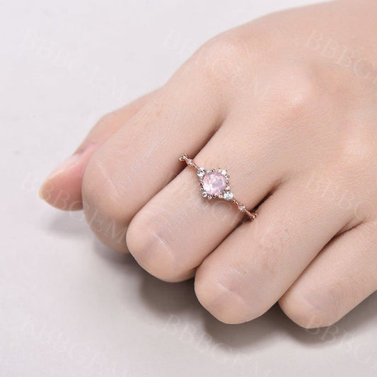 0.5 Carat Round Cut Dainty Diamond Rose Quartz Engagement Ring Rose Gold