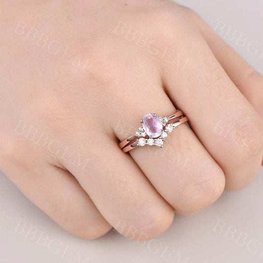 1 Carat Oval Shaped Morganite Bridal Set Curved Diamond Moissanite Wedding Ring