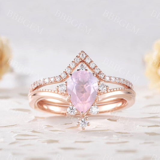 0.8 Carat Rose Gold Rose Quartz Engagement Ring Set Diamond Matching Band
