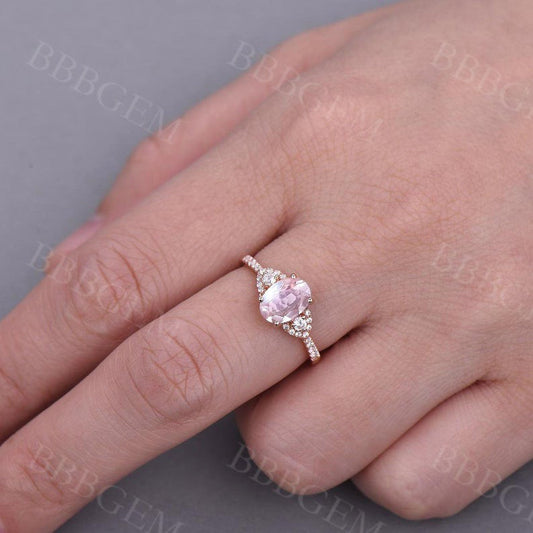 1.5 Carat Vintage Rose Quartz Engagement Ring Diamond Wedding Band