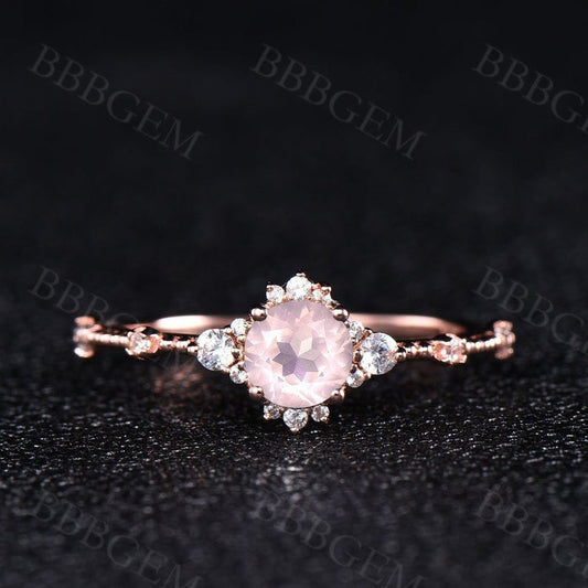 0.5 Carat Round Cut Dainty Diamond Rose Quartz Engagement Ring Rose Gold