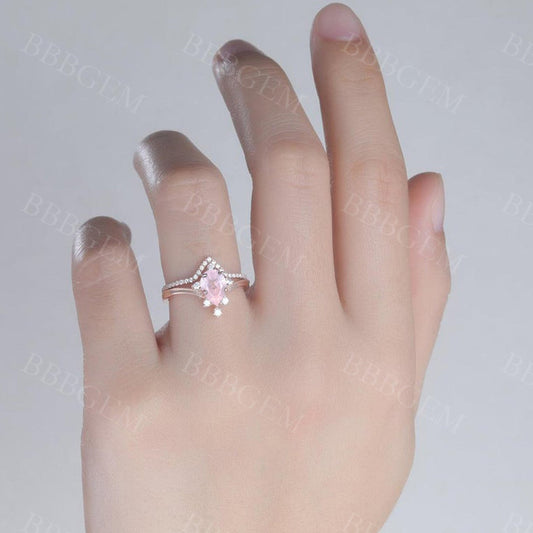0.8 Carat Rose Gold Rose Quartz Engagement Ring Set Diamond Matching Band