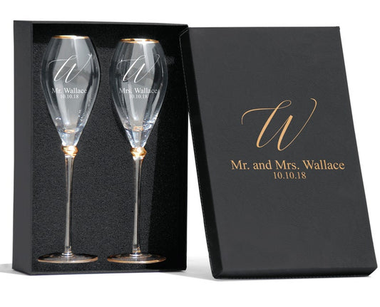 Personalized Gold Rim Champagne Flutes: Wedding Toasting Glasses with Gift Box