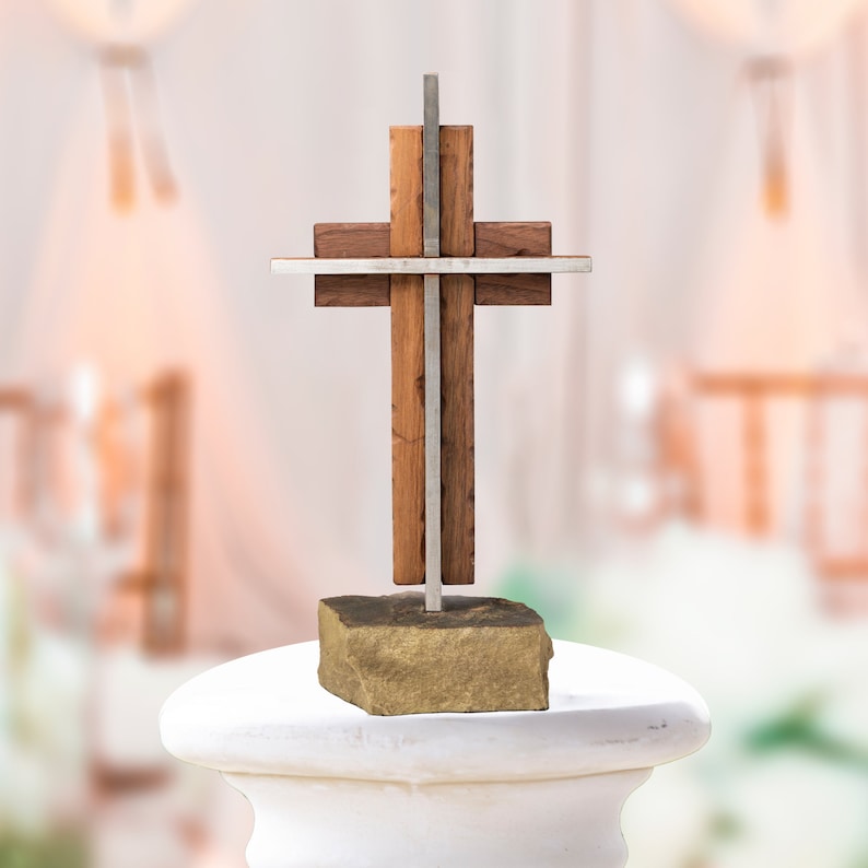 Handcrafted Unity Cross: Black Walnut & Steel Wedding Sculpture