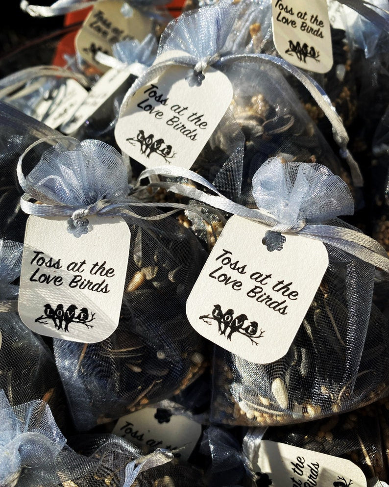 25 Personalized Bird Seed Wedding Favor Bags: Silver Organza