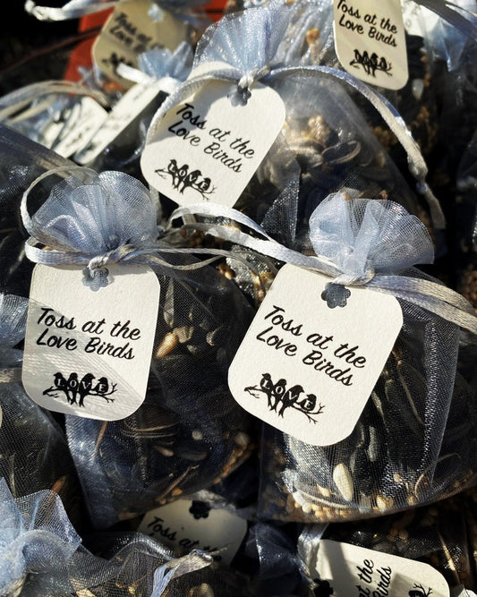 25 Personalized Bird Seed Wedding Favor Bags: Silver Organza