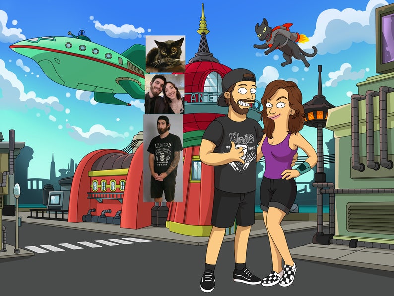 Futurama Portrait , Custom Family Portrait , Custom Couple Portrait , Anniversary Gift, Custom Portrait, Birthday, Xmas Gift, Christmas Gift