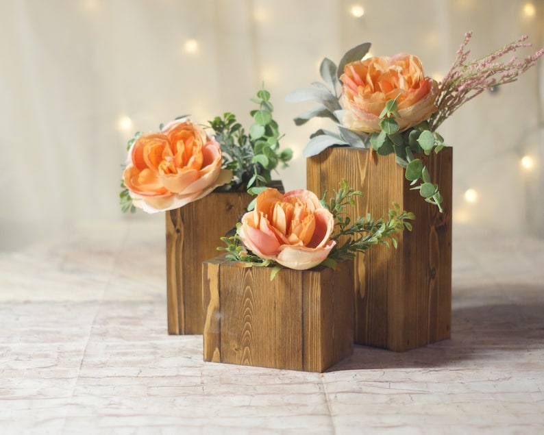 3 Wood Vase Centerpiece, Square Vase, Faux Flower Vase, Rustic Wedding Table Decoration, Farmhouse Decor, Wooden Flower Holder, Country Barn