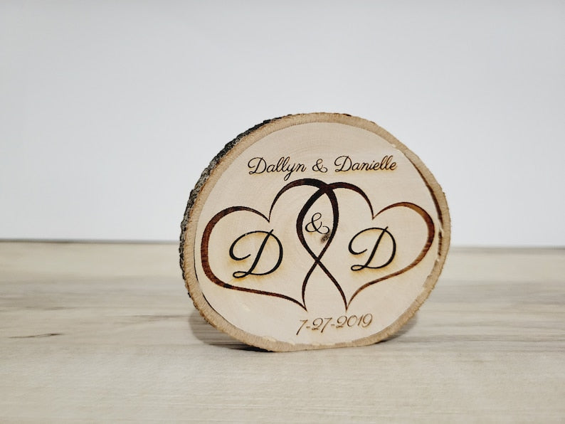 Engraved Wood Slice Centerpiece, Personalized Rustic Wedding Decor
