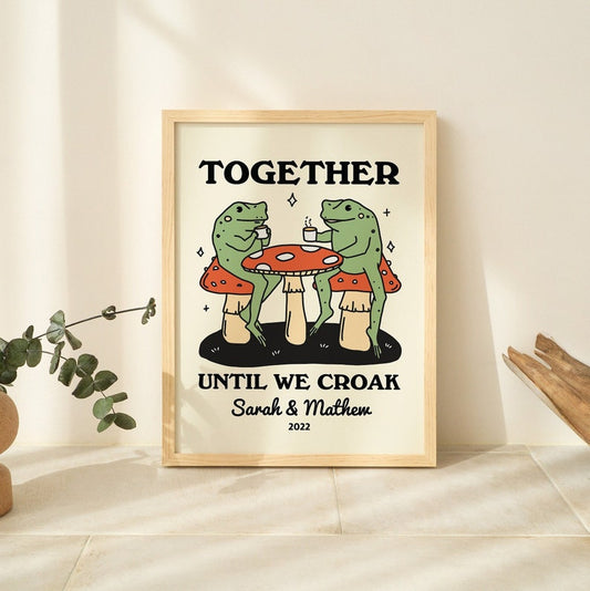 FRAMED Custom Coffee Frog Print, Personalised Couples Gift, Retro Mushroom Illustration, Anniversary Gift Idea, Black, White, Wood Frame