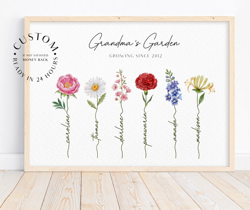 Grandma's Garden Print Personalised Our Family Print Custom Family Art Personalised Gift For Grandma Nana Custom Birth Flower For Grandma