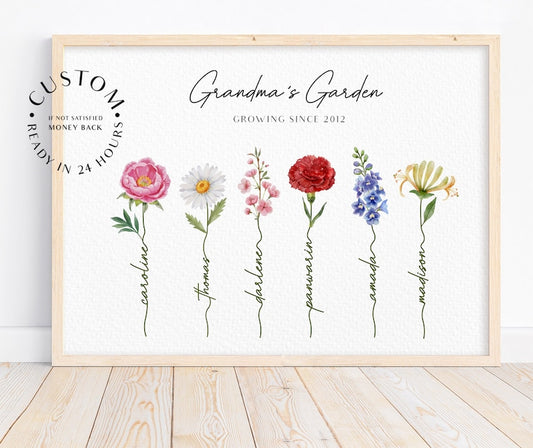 Grandma's Garden Print Personalised Our Family Print Custom Family Art Personalised Gift For Grandma Nana Custom Birth Flower For Grandma