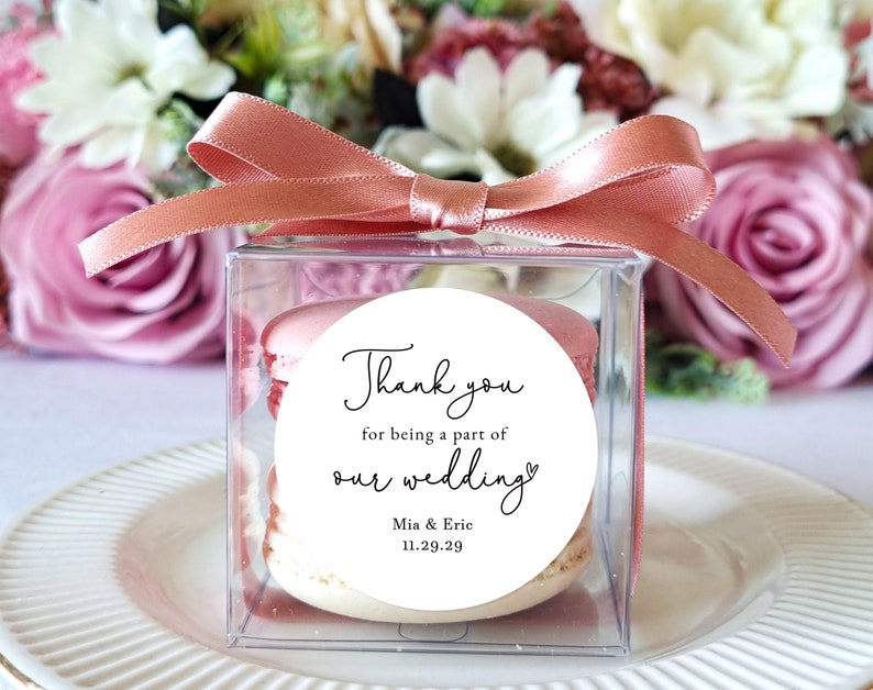 10 Sets of wedding favors clear macaron box ribbon label set, personalized wedding favor box, thank you box, wedding message box, gift box