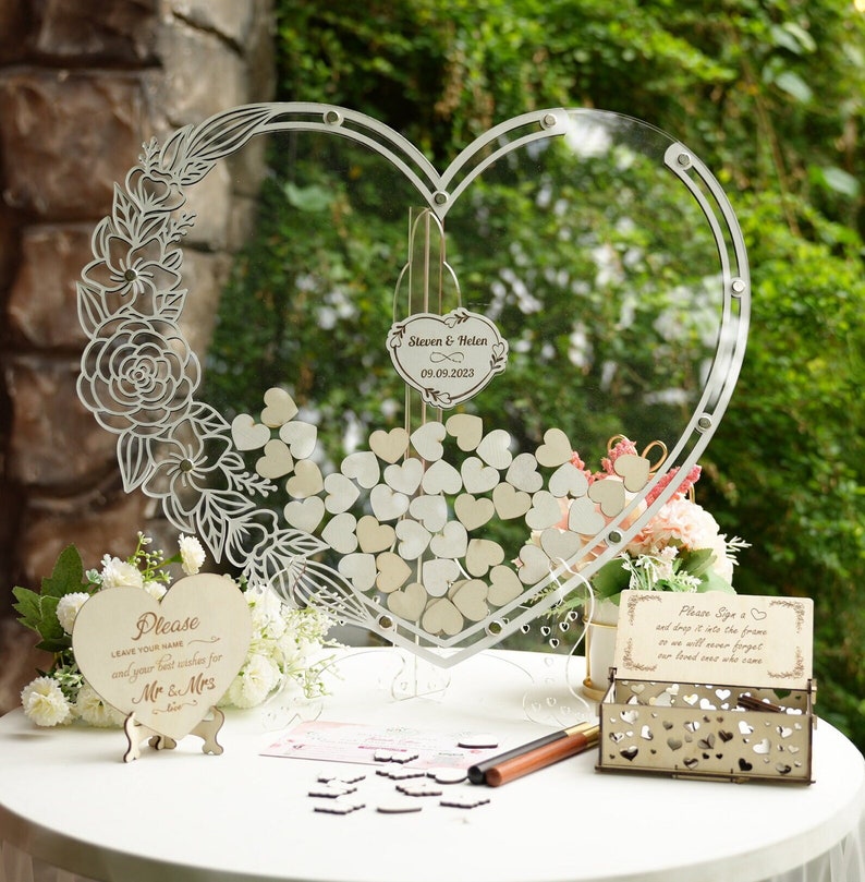 Heart Shaped Drop Box Guest Book with Hearts, Wedding Guest Book Alternative, Custom Acrylic Wedding Sign with Wooden Heart