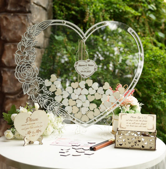 Heart Shaped Drop Box Guest Book with Hearts, Wedding Guest Book Alternative, Custom Acrylic Wedding Sign with Wooden Heart