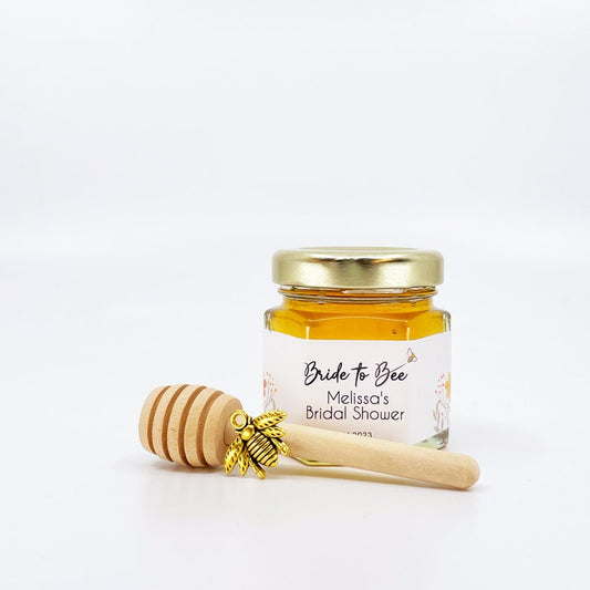 Bride to Bee Bridal Shower Wedding Favor 2 oz Honey with Personalized Wildflower Label, Charm, Dipper, & Free Printable Sign