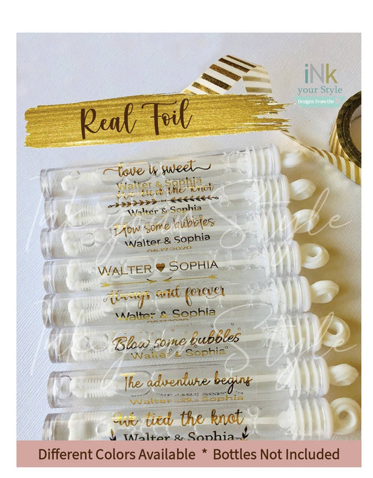48 Personalized Wedding bubble Labels, Foil bubble labels, custom wedding favors bubble tubes stickers, labels only.