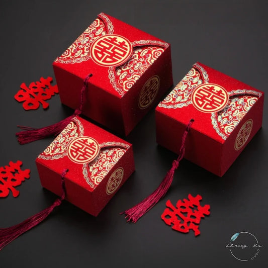 10 Red Gold Foil Double Happiness Favor Boxes: Chinese Wedding Candy Boxes