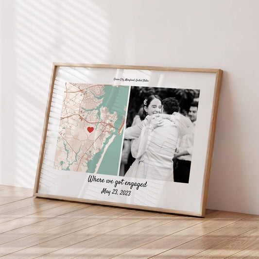Engagement Gift For Couple - Engagement Map Print Custom Wedding Gift, Engagement Frame Gift For Bride, Gift For Newly Engaged Couple