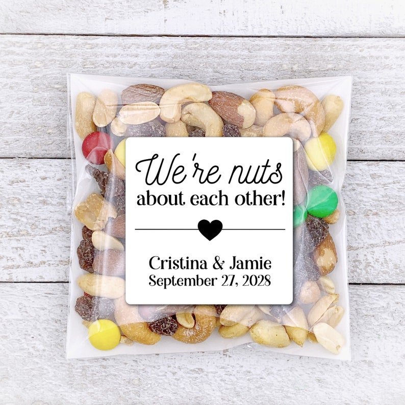 Favor Labels and Bags for Wedding, Shower, or Party - We're Nuts About Each Other, trail mix, mixed nuts, welcome bags, bulk gift for guests