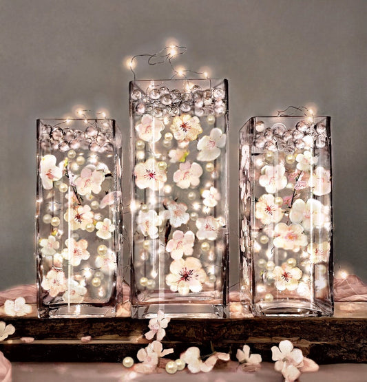 60 Floating Cherry Blossoms Ivory White Light Pink, Matching Pebbles, and Pearls- Fills 1 Gallon- With Option of 3 Submersible Fairy Lights