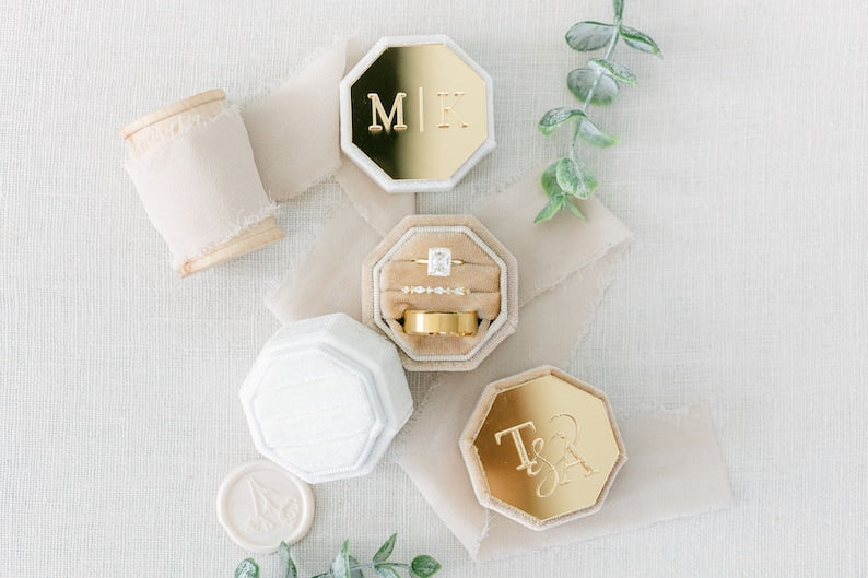 Engraved Gold Mirror Octagon Velvet Ring Box | Custom Wedding Ring Box | Engagement Ring Box | Triple Slot | Custom Modern Ring Box