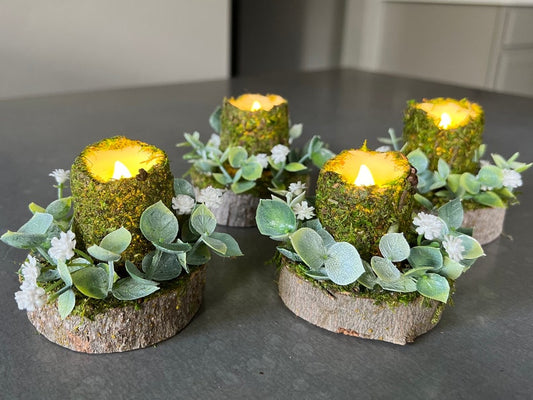 4 piece log moss candle with greenery