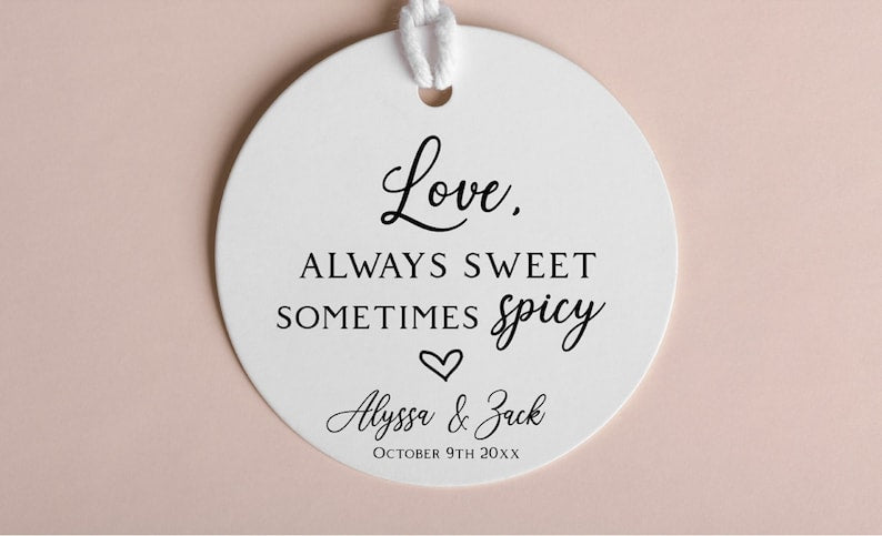 2" Round Wedding Favor Tags: Love Sweet Spicy