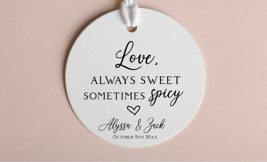2" Round Wedding Favor Tags: Love Sweet Spicy