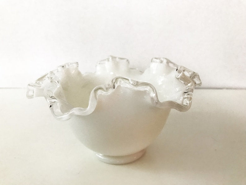 1950s Fenton Bowl, Silver Crest White Milk Glass, Wavy Scalloped Edge, Wedding Decor, Shower, Vintage Decor, Candy Dish