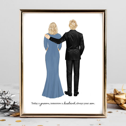 Personalized Groom and Mom Portrait Art PRINT | Mother of the Groom Custom Wedding Art, Marriage Gift, Mom and Son Drawing, Quote Art