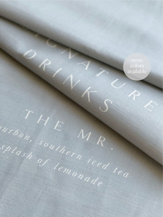 Dusty Blue Linen Bar Sign, Signature Drink Sign, Custom Wedding Bar Sign, Fabric Wedding Signage, Custom Bar Menu, Linen Wedding Banner