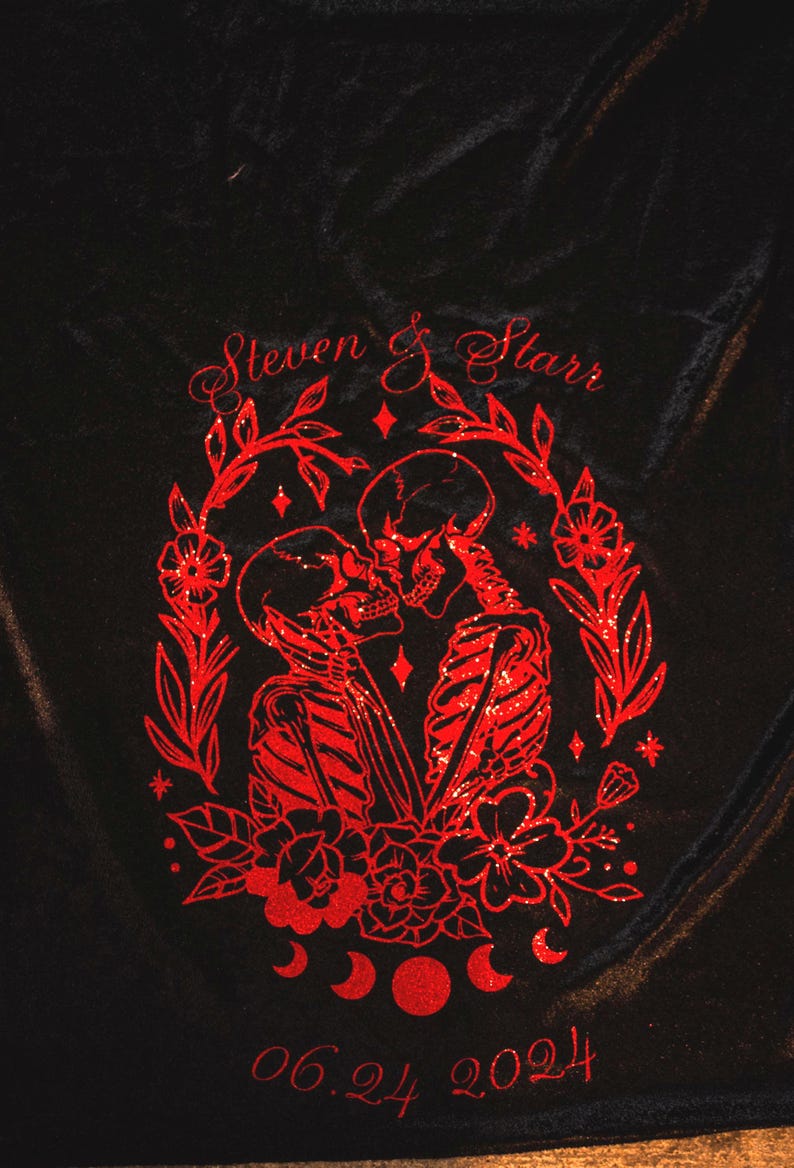 Gothic Wedding Aisle Runner: Black Velvet, Skeleton Design, Personalized