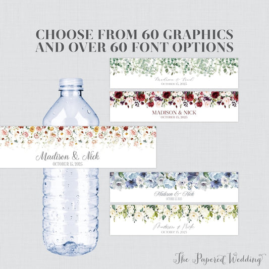 Printable OR Printed Floral Water Bottle Labels with Your Choice of Flower Graphic and Fonts - Customized Wedding Water Bottle Labels 0072