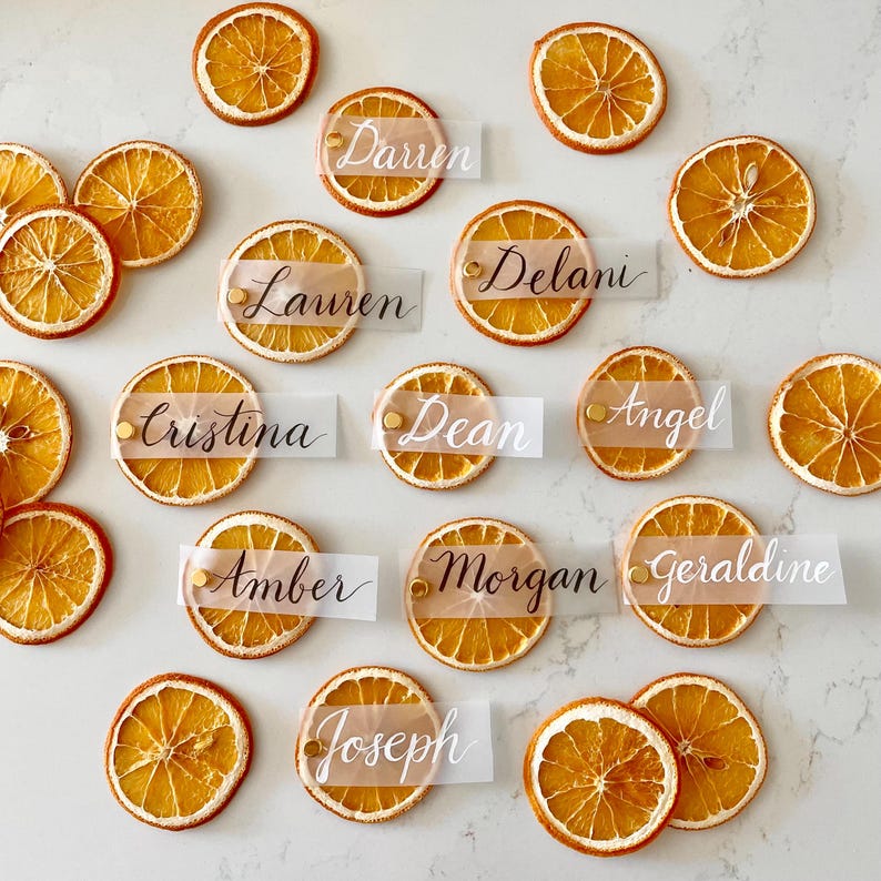 Dried Orange Slice Place Cards | Custom Calligraphy, Citrus Wedding Decor