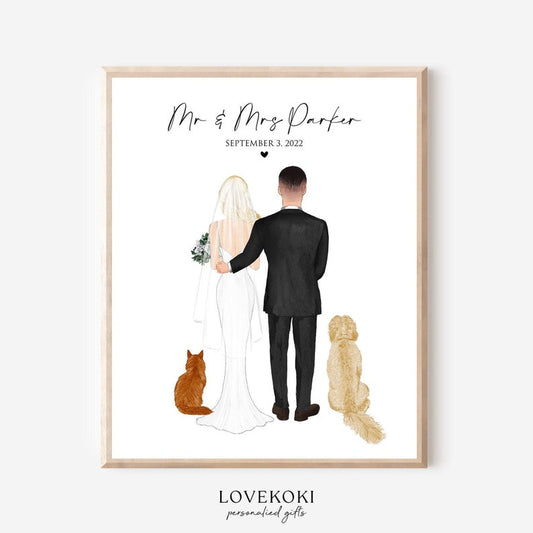 Personalized Wedding Gift for Couple and Pet, Wedding Illustration, Dog Wedding Portrait Drawing Print, Bridal Shower Gift 1st Anniversary