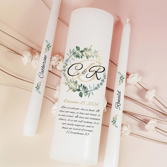 Greenery Wreath Personalized ceremony candle set for weddings custom wedding candle sets Elegant Garden style taper and pillar candles