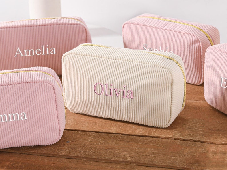 Embroidered Corduroy Makeup Bag,Personalized Embroidered Cosmetic Bag,Monogram Toiletry Makeup Bag,Bridesmaid Gifts,Bachelorette Party Gifts