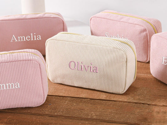 Embroidered Corduroy Makeup Bag,Personalized Embroidered Cosmetic Bag,Monogram Toiletry Makeup Bag,Bridesmaid Gifts,Bachelorette Party Gifts
