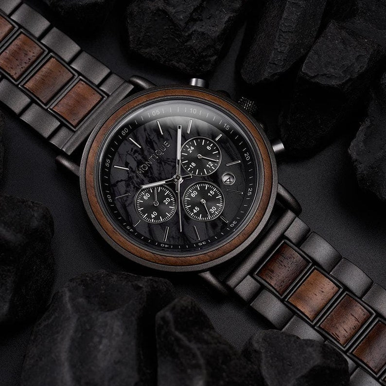 Engraved Walnut Watch for Husband - 1st Anniversary Gift For Boyfriend - Personalized Custom Marble Wooden Gift For Him - Mens Wedding Gift