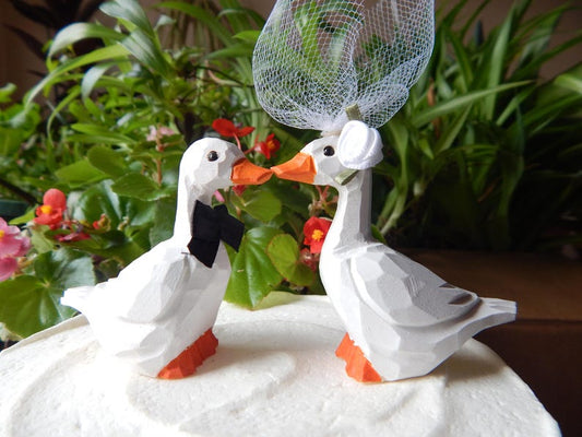Hand-Carved Wooden Goose Wedding Cake Topper Set: Bride Groom Figurines