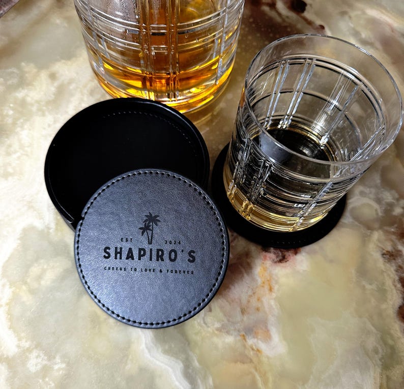 Engraved Coaster Set Corporate Gifts Logo Office Gifts Custom Branded Corporate Leather Coaster Custom Engraved Coasters Black Leather Decor